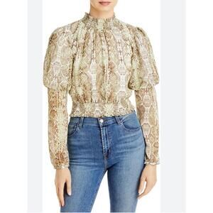 WAYF Dutchess top smocked waist dramatic puff sleeves neutral snake print Sz. XS